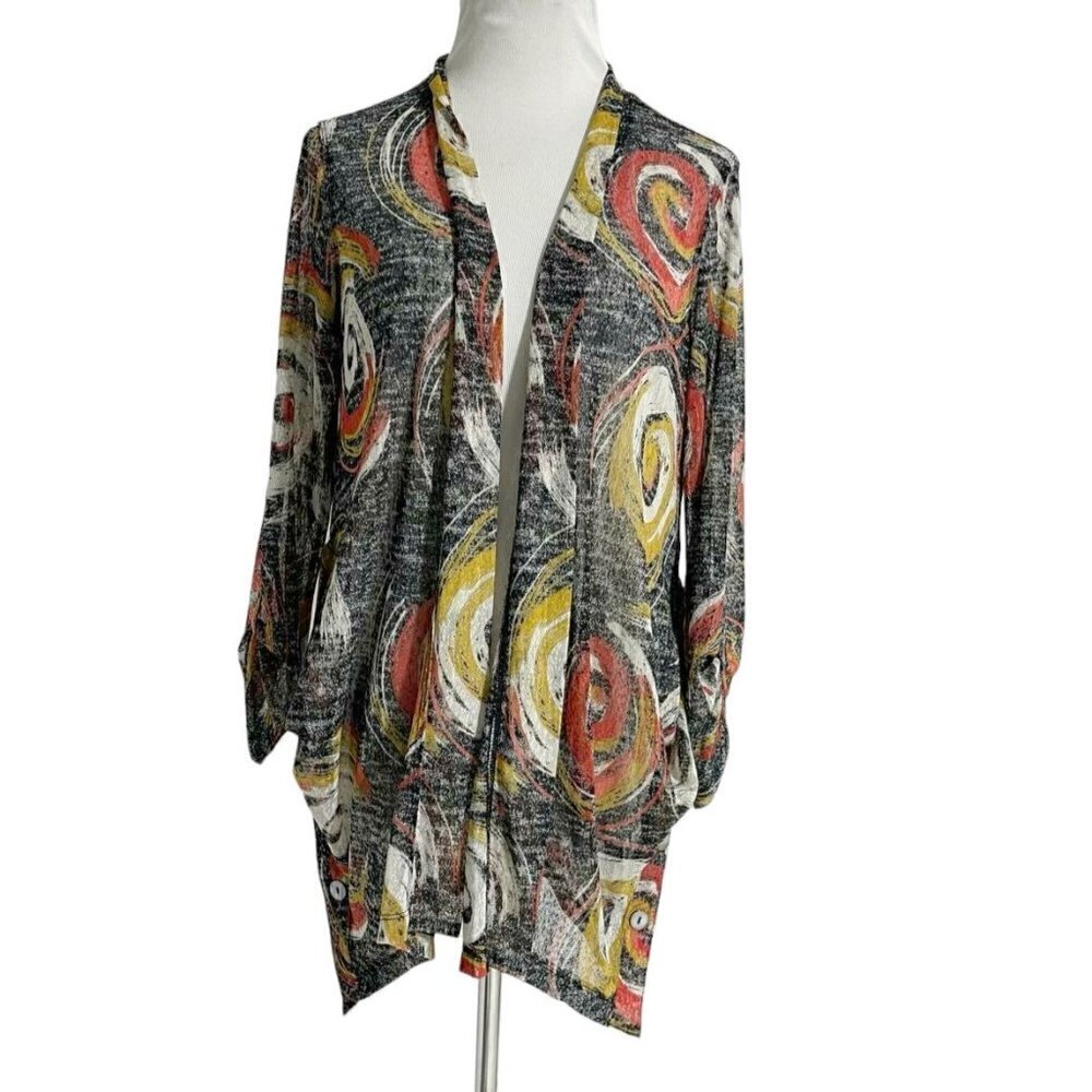 Ali Miles XS Cardigan Open Front Abstract Art to Wear Boho Lagenlook